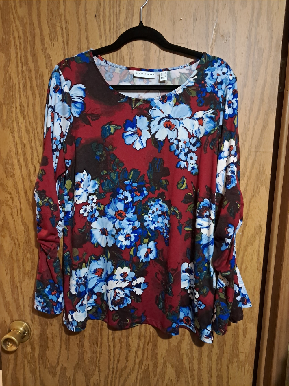 Susan Graver Burgundy Long-Sleeve Floral Tee with Blue & White Blooms